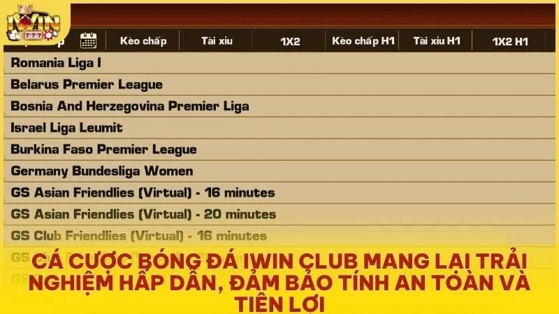Cá cược bóng đá Iwin Club mang lại trải nghiệm hấp dẫn, đảm bảo tính an toàn và tiện lợi